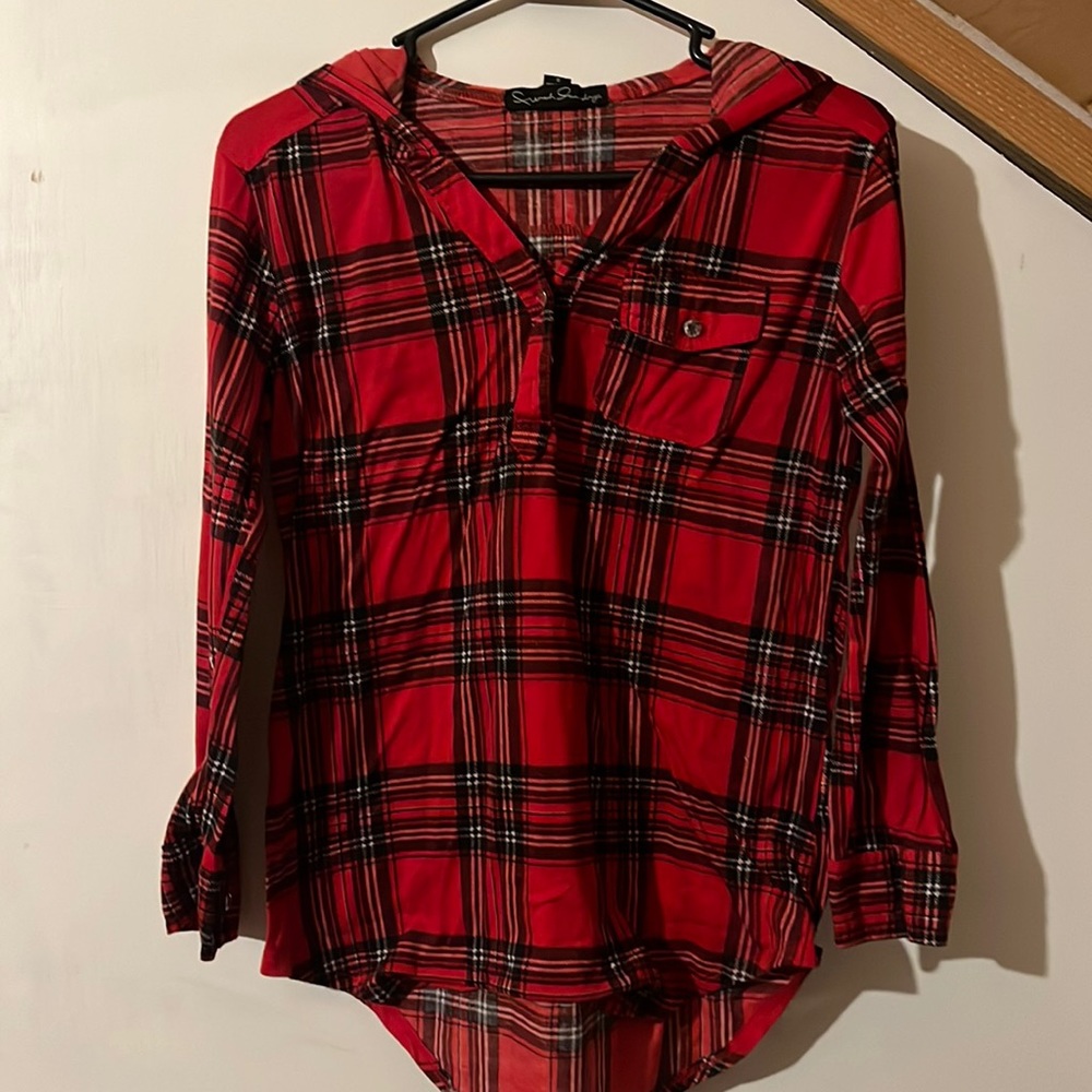 Red Flannel Quarter Button Up With Hood